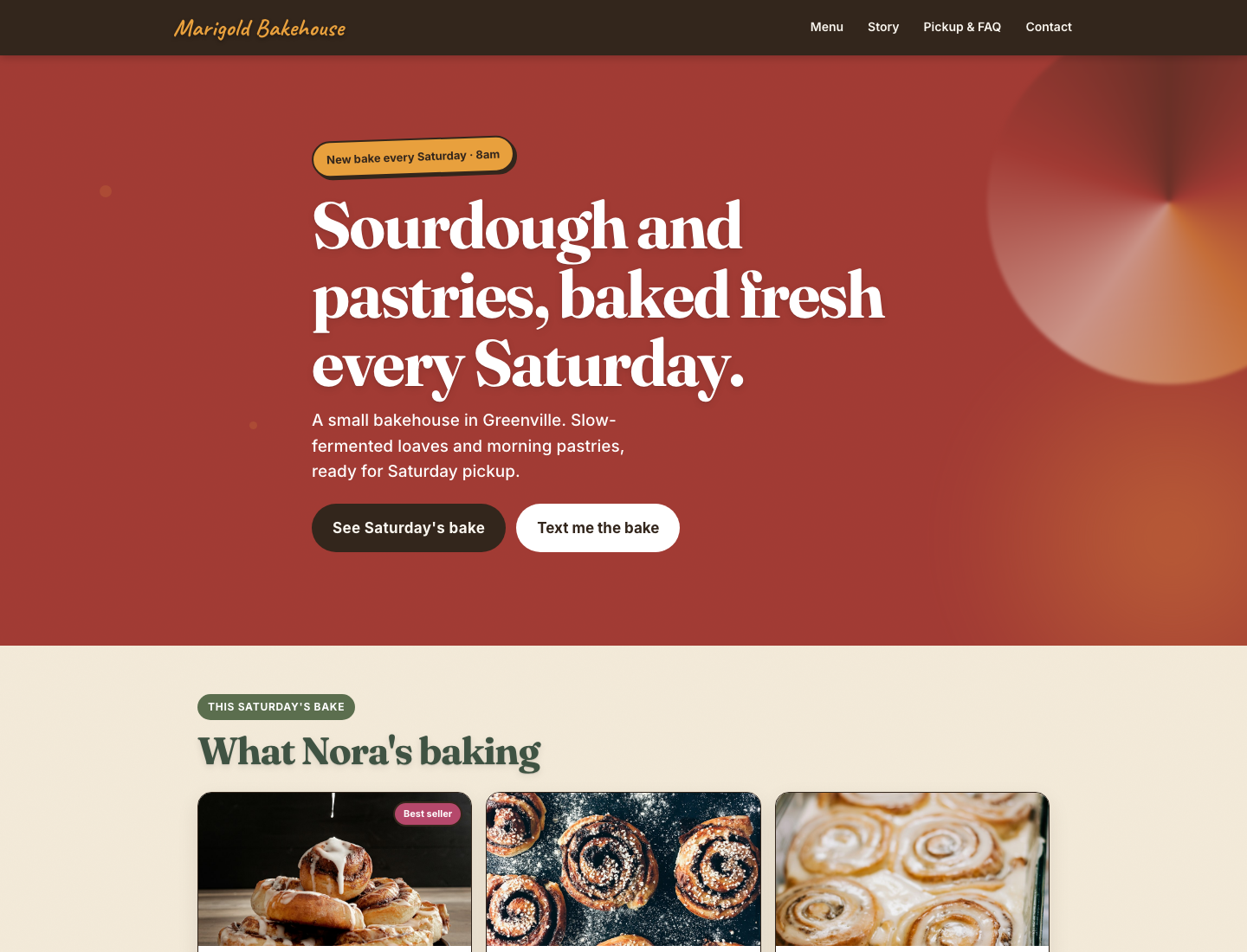 A real Batch storefront a customer opens, the week's bake and a text-me-the-bake button