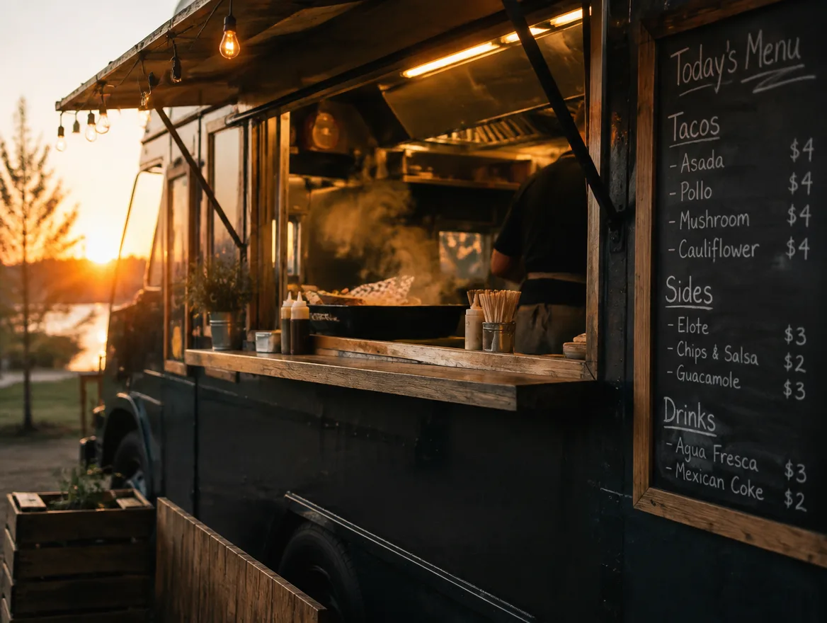 Illustration of a food truck order window at golden hour