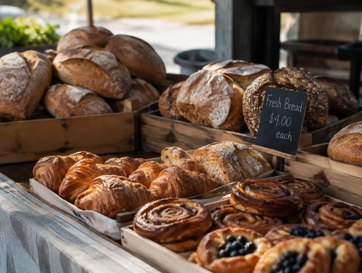 Illustration of a farmers market bread stall in the morning